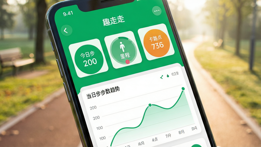 一张现代简约风格的智能手机屏幕特写,屏幕中央显示趣走走手机计步软件的主界面,界面以绿色和白色为主色调,上方显示今日步数、里程和卡路里三个圆形数据卡片,下方为当日步数趋势折线图,背景为清晨公园的跑步道,光线明亮自然,手机略微倾斜,画面干净无多余元素,高画质,突出健康运动的氛围