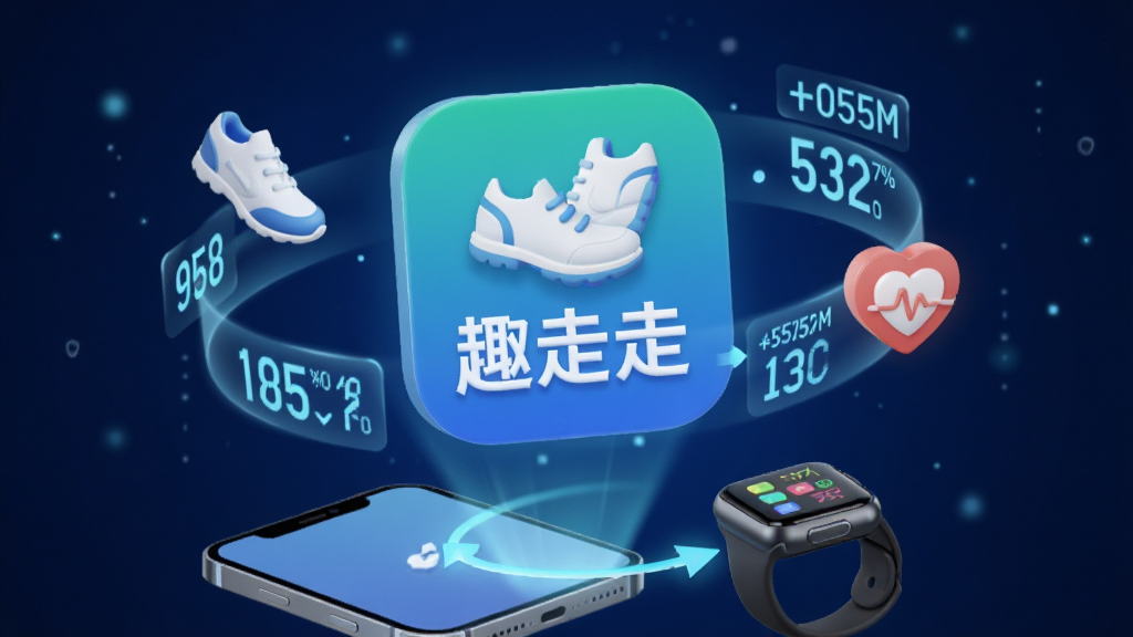 一幅科技感十足的3D渲染图,主体为趣走走手机计步软件图标悬浮在半空中,周围环绕着发光的步数统计数字、运动鞋和健康心脏图标,底部是智能手机与智能手表的连接示意,背景为深蓝色渐变,点缀着微弱的粒子光效,整体风格干净、明亮、无多余元素,高画质,突出精准与智能