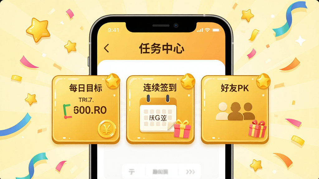 一张色彩明亮的插画风格图片,主体为趣走走手机计步软件的任务中心界面,界面上显示“每日目标”、“连续签到”、“好友PK”三个金色任务卡片,每个卡片旁有金币和礼品图标,背景为淡黄色的奖励氛围,四周散落着星星和彩带元素,画面干净整洁,无多余元素,高画质,突出奖励与趣味