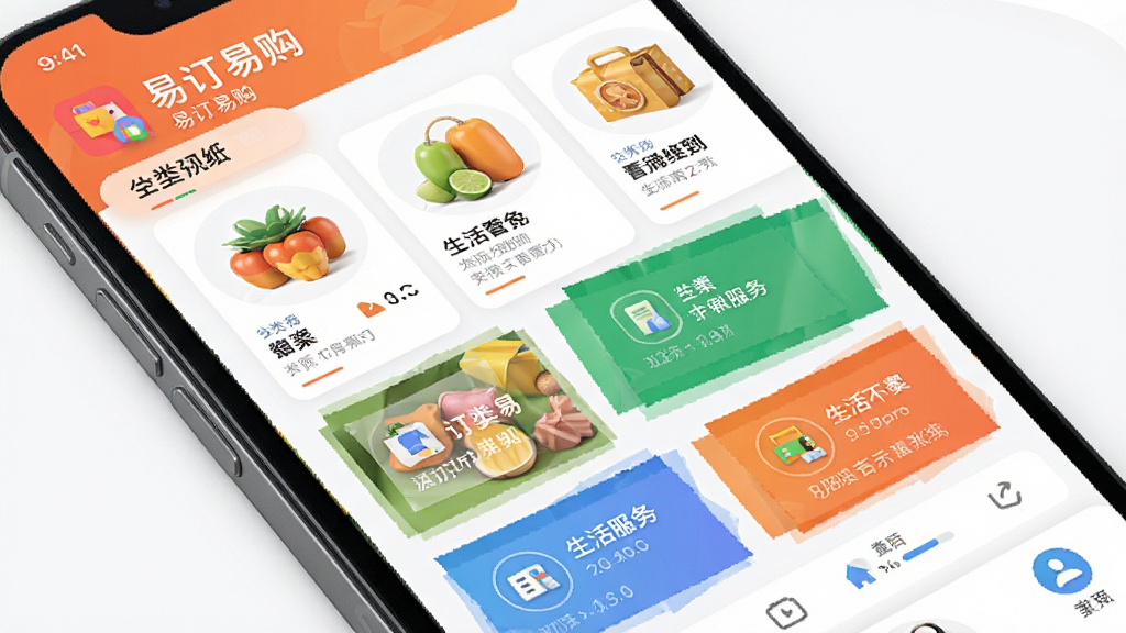 易订易购app主界面预览图,智能手机上展示商品分类与生活服务预订入口,布局清晰,现代扁平化设计风格,色彩明快,界面细节丰富,画质干净,无多余元素