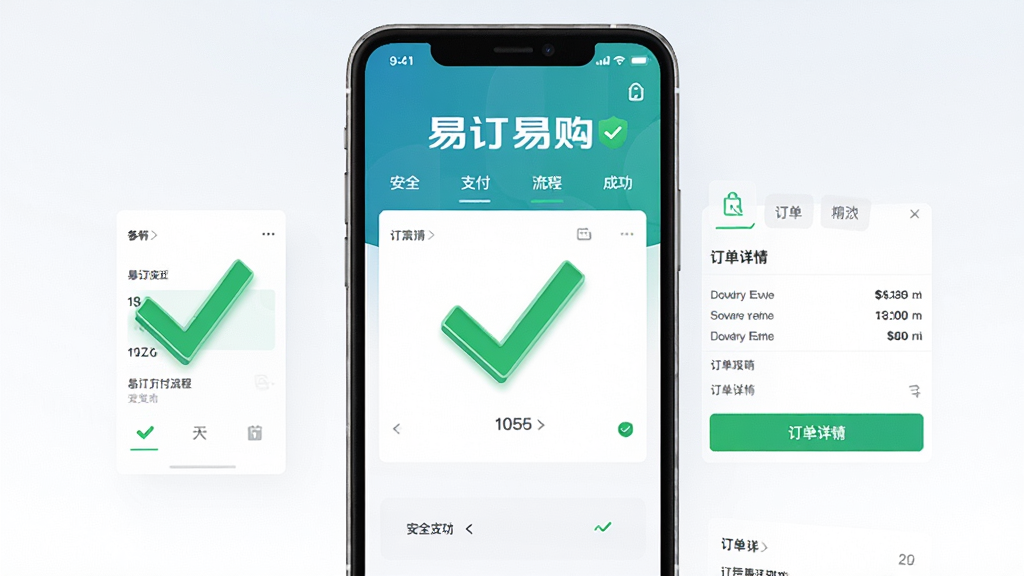易订易购支付成功界面演示,展示安全支付流程与订单详情,界面风格简洁,绿色对勾标识醒目,现代感强,画质干净,无多余元素