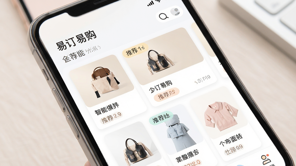 易订易购智能推荐功能展示图,手机屏幕内显示个性化商品列表与推荐标签,现代UI风格,排版整洁,色彩柔和,细节精致,画质干净,无多余元素