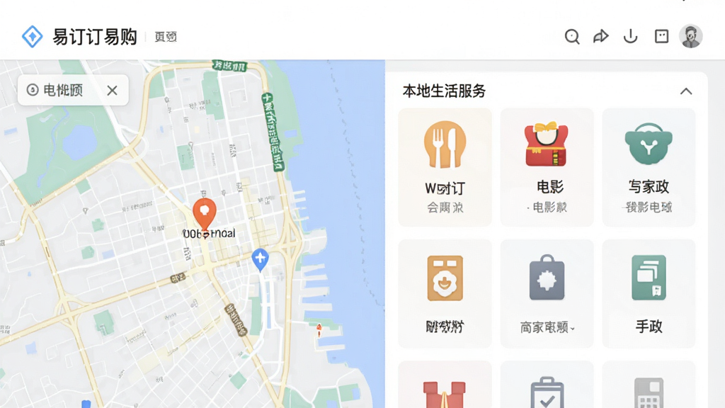 易订易购本地生活服务页面截图,地图与商家列表结合展示,包含餐饮、电影、家政等图标,界面清晰,现代简约风格,配色舒适,画质干净,无多余元素