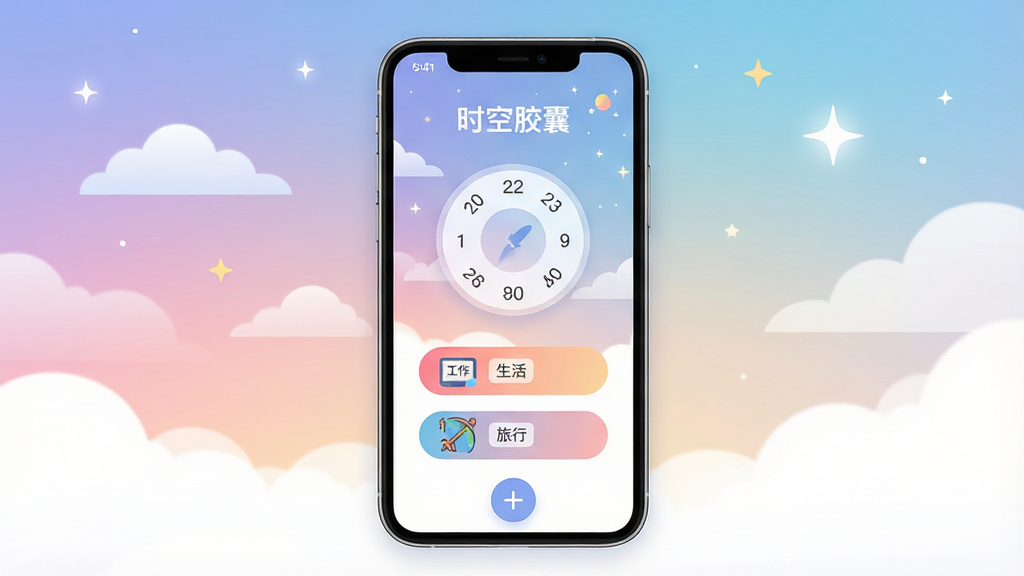 主体:时空胶囊APP界面展示,手机屏幕内显示主界面,包含日期轮盘与胶囊形状的任务列表,背景为渐变色天空,有云朵和星光。布局:手机居中,屏幕内容清晰可见,周围留白。排版:界面图标整齐排列,标题“时空胶囊”位于屏幕上方。风格:扁平化设计,色彩柔和,现代感。细节:每个胶囊图标上有小标签,如“工作”“生活”“旅行”,屏幕下方有圆形加号按钮。画质:高清,干净,无多余元素