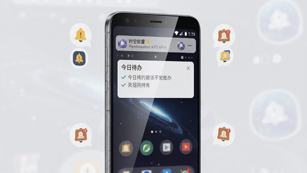主体:时空胶囊APP在安卓手机上的运行状态,手机屏幕显示主界面,周围有提醒通知图标。布局:手机竖屏居中,背景为浅灰色,有悬浮窗显示“今日待办”。排版:屏幕内容清晰,通知栏有“时空胶囊”提醒。风格:写实,光线自然。细节:手机侧面有电源键,屏幕玻璃有反光。画质:高清,干净,无多余元素