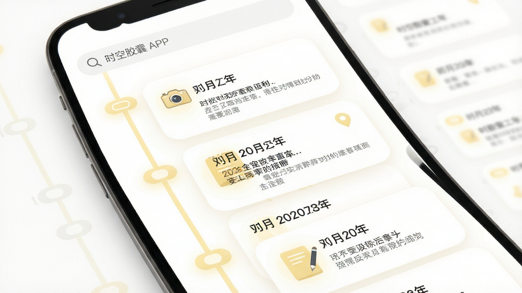 主体:时空胶囊APP的时光轴界面,屏幕左侧为纵向时间线,右侧为胶囊卡片,卡片上显示日期和文字摘要。布局:时间线贯穿屏幕,卡片呈瀑布流排列。排版:卡片圆角设计,间距均匀,顶部有搜索栏。风格:简洁文艺,白色背景,淡黄色点缀。细节:卡片上带有小图标如相机、笔记、定位,时间线节点为圆形胶囊图形。画质:细腻,干净,无多余元素