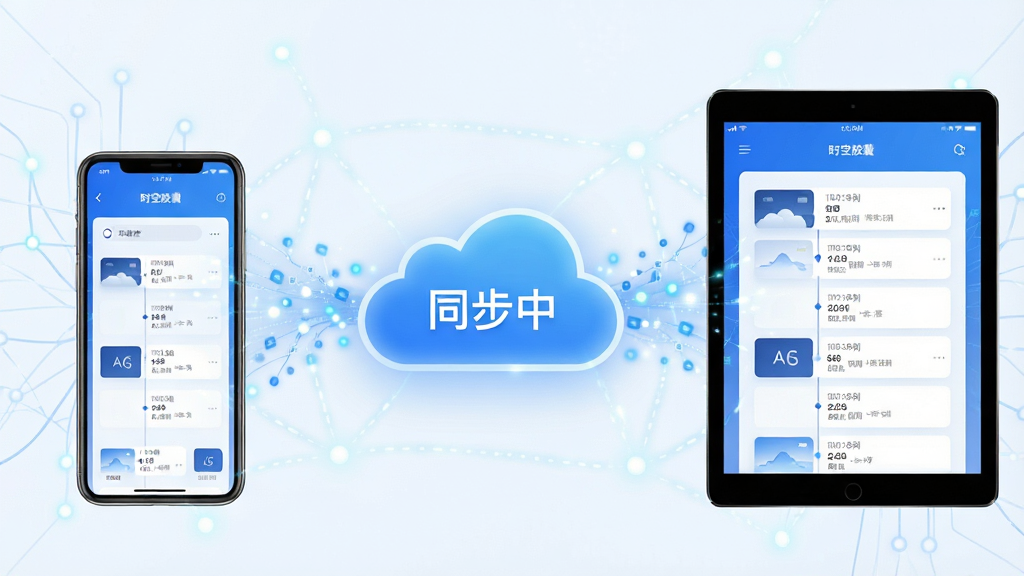主体:时空胶囊APP的云同步示意图,一个手机与一个平板通过云朵连接,周围有数据流动的光点。布局:两设备左右对称,云朵居中,光点流动。排版:设备屏幕显示相同界面,云朵上有“同步中”字样。风格:科技感,蓝白配色,简洁。细节:设备屏幕显示时间轴缩略图,背景有网络线路。画质:高清,干净,无多余元素