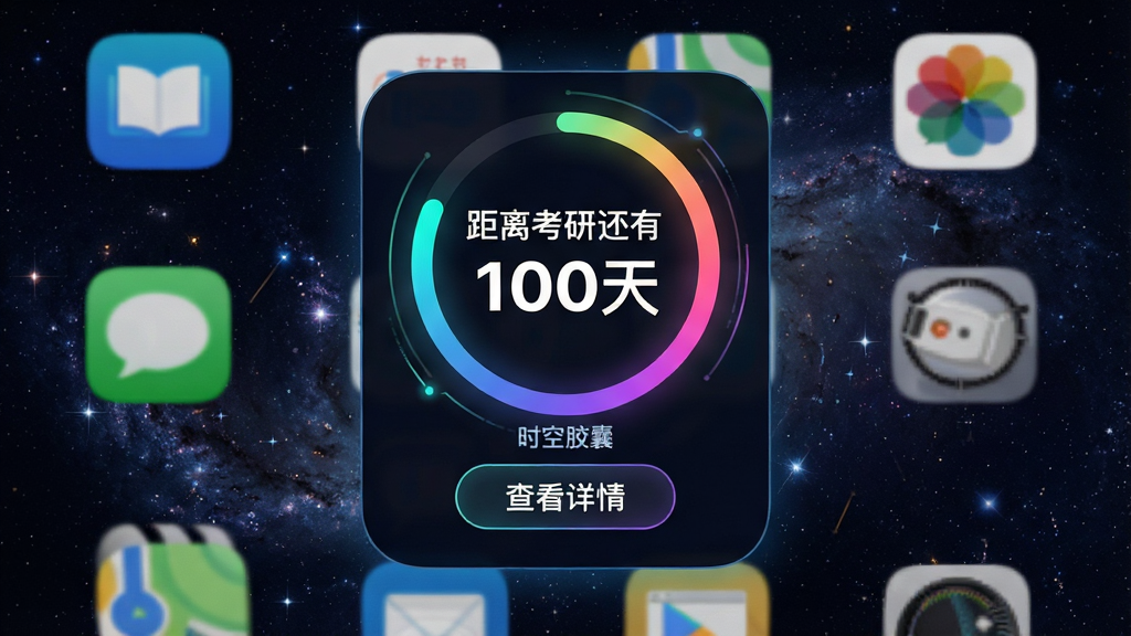 主体:时空胶囊APP的倒计时桌面小部件,手机桌面背景为星空,小部件显示“距离考研还有100天”及进度环。布局:小部件位于屏幕中央偏上,周围有常用应用图标。排版:进度环清晰,数字加粗,下方有“查看详情”按钮。风格:科技感,深色背景,发光线条。细节:进度环颜色渐变,数字下方有“时空胶囊”字样。画质:高分辨率,干净,无多余元素