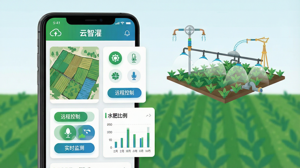 ���壺�����ֻ���Ļչʾ�����ǹࡱ���������棬�����������ͼ���豸״̬ͼ�ꡢˮ�ʱ�������ͼ�������֣��ֻ�λ�ڻ�������ƫ���Ҳ�����ũ���ȳ���Ԫ�أ�����������·ֲ㹹ͼ���Ű棺����������ʾ�����ǹࡱƷ������������ģ����ÿ�Ƭʽ���С�����ִ���ƽ����ƣ�ɫ������ɫ����ɫΪ�������ֿƼ���ũҵ��ϡ�ϸ�ڣ�������ͻ����ʾ��Զ�̿��ơ�����ʵʱ��⡱��ť��ͼ�꾫�£��������������ʣ�������Ⱦ���ɾ��޶���Ԫ�ء�