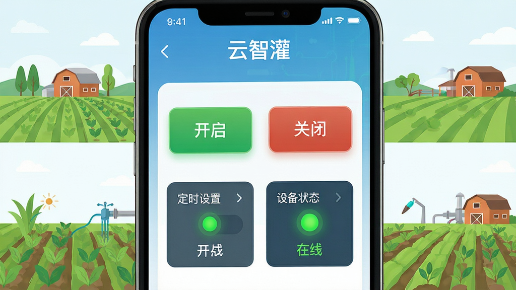 ���壺�ֻ�������ʾ�����ǹࡱԶ�̿�����壬�������ſ��ذ�ť����ʱ����ѡ��豸״ָ̬ʾ�ơ����֣��������ռ�ݻ������壬��Χ�Լ���ũ��ʸ���廭��׺���Ű棺���ܰ�ť�������У�״̬��Ϣ�����ɼ�����񣺿Ƽ�����ũҵԪ���ںϣ�ɫ�����¡�ϸ�ڣ���ť���С����������رա����֣�ָʾ����ɫ��ʾ���ߡ����ʣ��߷ֱ��ʣ��ɾ����ࡣ