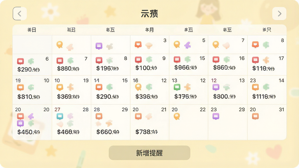 日历视图界面,日期格子上标注着不同颜色的订阅图标与金额,顶部有月份切换箭头,底部有“新增提醒”按钮,背景为淡黄色柔和色调,风格简约清新,布局规整,画质细腻柔和,无多余元素