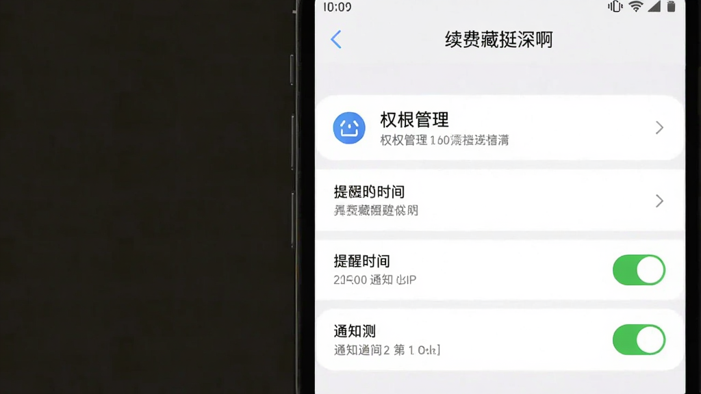 手机竖屏截图展示“续费藏挺深啊”设置界面,包含权限管理、提醒时间、通知开关等选项,背景为白色,风格极简,画质干净,无多余元素