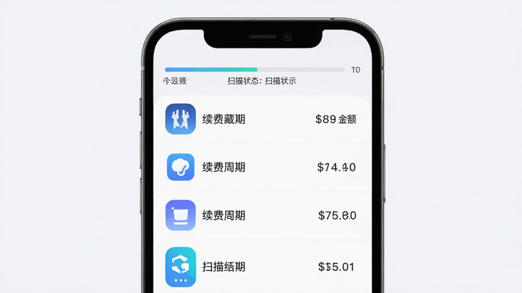 手机界面展示“续费藏挺深啊”扫描结果列表,每行显示应用图标、名称、续费周期与金额,顶部为进度条与扫描状态提示,背景为浅灰白色,风格简洁清晰,信息排列整齐,画质干净明亮,无多余元素