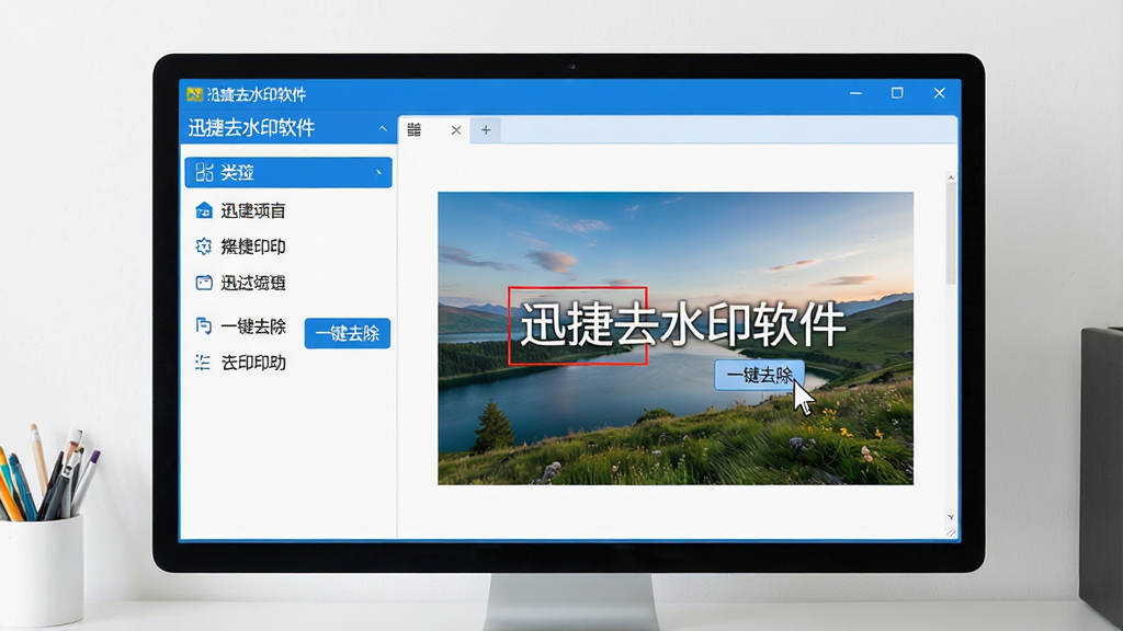 主体:迅捷去水印软件的操作界面,电脑屏幕显示软件主窗口,左侧功能列表,右侧预览区展示一张带有文字水印的风景图片。布局:居中构图,软件界面清晰可见,周围环境为简洁的办公桌。排版:界面元素排列整齐,菜单栏、工具栏、预览窗口分明。风格:扁平化设计,现代感强,色彩明快,以蓝白为主色调。细节:屏幕中水印位置有红色框选标记,旁边有“一键去除”按钮,鼠标光标悬停其上。画质:4K超高清,干净,无多余元素,界面文字显示“迅捷去水印软件”。