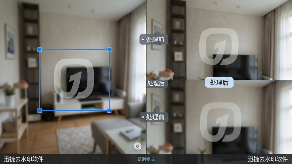 主体:迅捷去水印软件的智能识别功能演示,一张带有半透明Logo的室内照片,软件自动用蓝色框选水印区域。布局:左侧为原图,右侧为处理后的效果对比图。排版:对比图上下排列,中间有“处理前”和“处理后”标签。风格:写实风格,画面清晰,光线自然。细节:右侧处理后图片水印消失,背景纹理完美衔接,软件界面下方显示“识别完成”提示。画质:高清,干净,无多余元素,图片角落标注“迅捷去水印软件”。