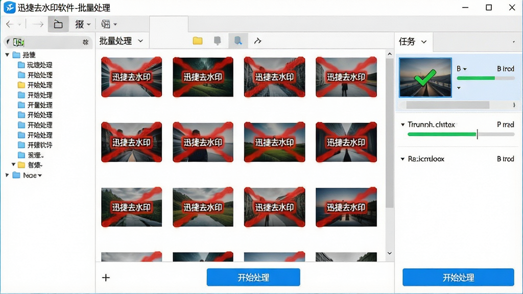 主体:迅捷去水印软件的批量处理界面,多张图片缩略图整齐排列在文件列表中,每张图片水印区域都有红色标记。布局:软件窗口占满整个屏幕,左侧为文件夹目录,右侧为批量任务队列。排版:缩略图以网格形式展示,底部有“开始处理”蓝色按钮。风格:简洁商务风格,界面清爽,色彩明亮。细节:任务队列中显示处理进度条,第一张图片已处理完成,打上绿色对勾。画质:高清,干净,无多余元素,软件顶部标题栏显示“迅捷去水印软件-批量处理”。