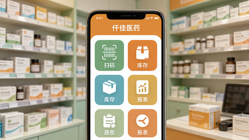 ��������Ϊ�����ֻ�չʾ��Ǫ��ҽҩ��APP���棬����Ϊҩ�����ܡ�����Ϊ�ֻ����У���Ļ��ʾ�������񡣷������׺ͣ�ůɫ����׺��ϸ�ڰ�����ɨ�롱����桱����������ͼ�ꡣ����ϸ�壬��ͼƽ�⡣