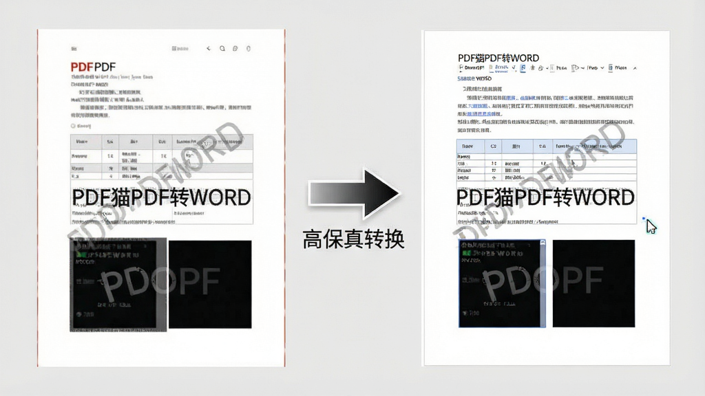 主体:一张对比图,左侧为原始PDF文件截图,右侧为转换后的Word文档截图,两图内容完全一致,展示文字、表格和图片的还原效果。布局:左右并排对比,中间用箭头连接,箭头下方标注“高保真转换”。风格:简洁专业,背景为浅灰色。细节:右侧Word文档中文字处于可编辑状态,光标闪烁。画质:高清,干净,无多余元素,图片上带有“PDF猫PDF转WORD”水印。