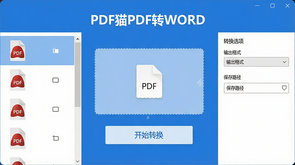 主体:一张展示PDF猫PDF转WORD软件主界面的电脑截图,界面清晰显示“PDF猫PDF转WORD”字样,以及一个文件拖拽区域和醒目的“开始转换”按钮。布局:界面居中,左侧为文件列表,右侧为转换选项面板,整体排版整齐。风格:现代简约,扁平化设计,色彩以蓝色和白色为主。细节:文件列表中有几个PDF文件图标,转换选项包括“输出格式”和“保存路径”。画质:高清,干净,无多余元素,文字内容为“PDF猫PDF转WORD”。