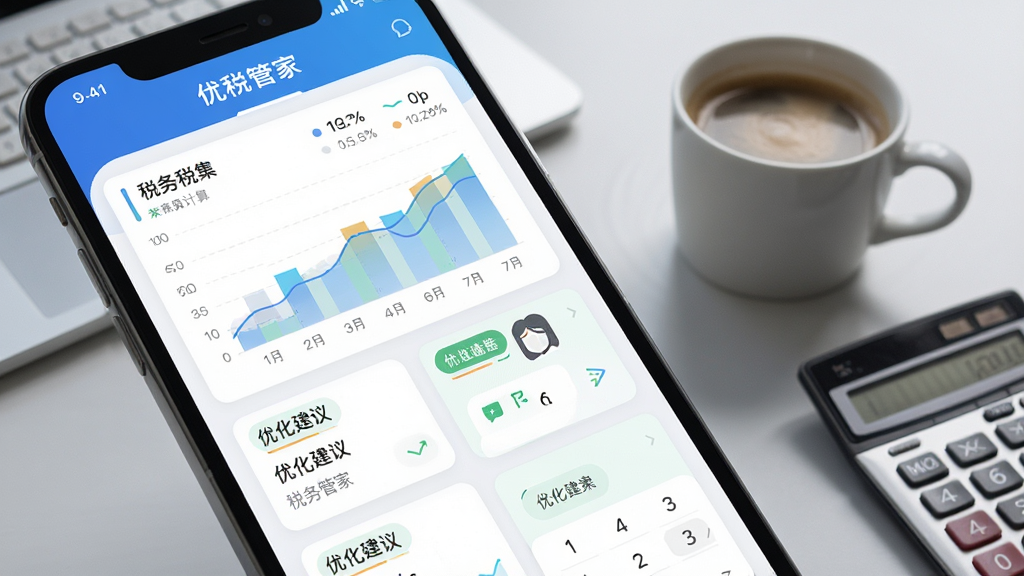 展示“优税管家”App界面特写,屏幕上显示着清晰的税务计算图表与优化建议卡片,背景是浅灰色的工作桌面,旁边放着一杯咖啡和计算器,整体风格专业、写实,画质清晰,色彩自然,无多余元素