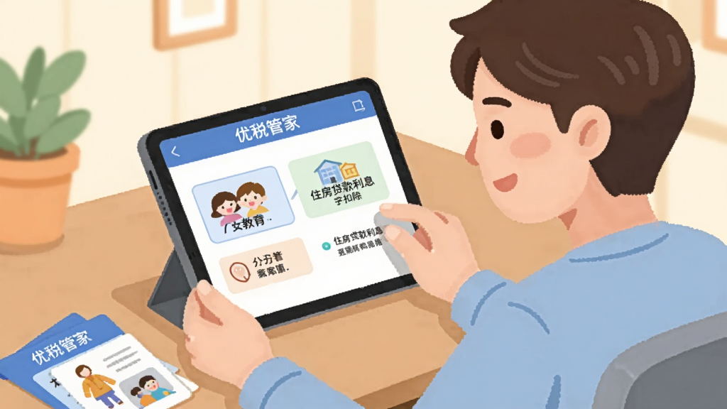 一幅温馨的家庭场景插画,一位年轻父母正在使用平板电脑上的“优税管家”应用,屏幕中显示着子女教育和住房贷款利息的扣除选项,桌面上散落着家庭证件,画面采用扁平化设计,色彩柔和,突出易懂与亲切感,画质干净,无多余元素