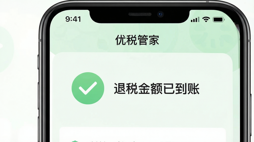 一张手机屏幕截图风格的图片,显示“优税管家”的汇算清缴完成页面,背景是淡绿色的成功提示图标,旁边有“退税金额已到账”字样,画面简洁明了,强调高效与便捷,画质高清,无多余元素