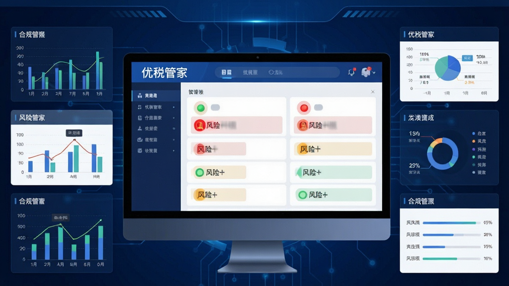 一幅数据可视化风格的图片,屏幕中央显示“优税管家”的合规报告界面,用红色和绿色指示灯标注风险项,四周环绕着各类图表与数据卡片,背景为深蓝色科技感界面,画质清晰,无多余元素