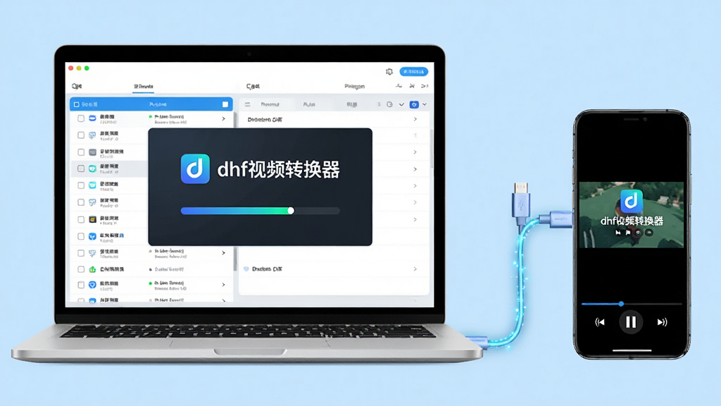 主体:一台笔记本电脑和一个手机同时显示正在转换视频的画面,屏幕上有“dhf视频转换器”的图标和进度条。布局:笔记本电脑位于左侧,手机位于右侧,两者之间通过一条数据线连接,背景为纯色。排版:前后排列,焦点集中在屏幕上。风格:现代、数码感、明亮。细节:电脑屏幕显示转换列表,手机屏幕显示播放视频的界面,数据线有发光效果。画质:超清,干净,无多余元素。