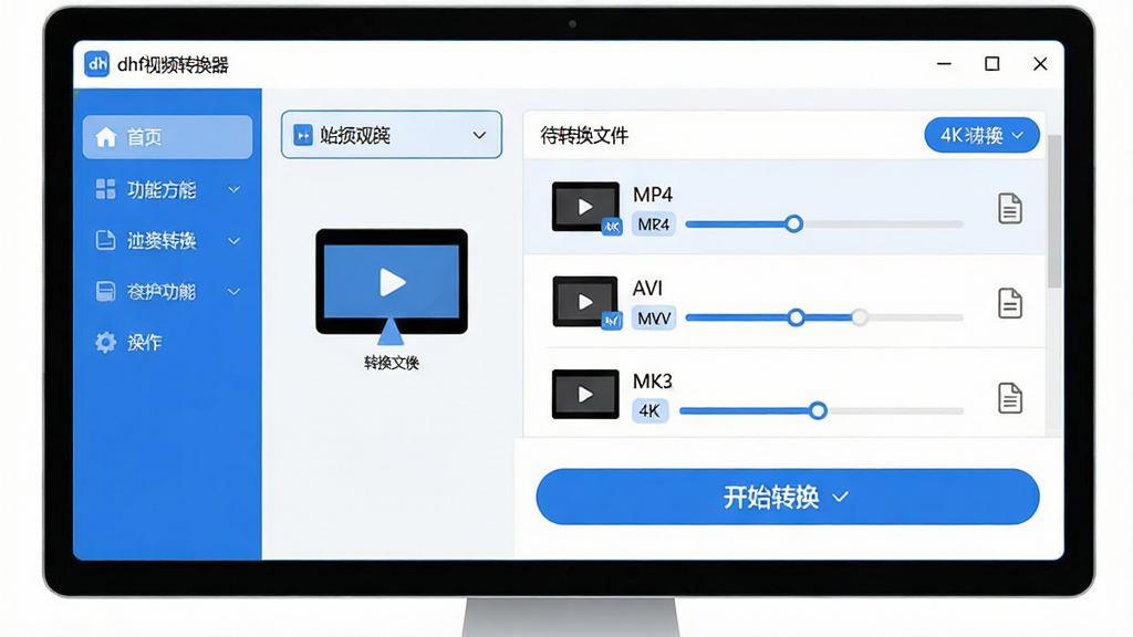 主体:一个简洁现代的电脑软件操作界面,屏幕上显示着“dhf视频转换器”的主窗口,窗口中有一个视频文件拖拽到转换列表的示意图。布局:界面左侧为功能导航栏,右侧为主要操作区域,中间大块区域展示待转换文件列表,底部有醒目的“开始转换”按钮。排版:扁平化设计,功能区域划分清晰,按钮圆润,色彩以蓝色和白色为主色调。风格:科技感、专业、干净明亮。细节:文件列表中有几个视频文件图标,格式标签如MP4、AVI、MKV可见,转换进度条显示百分比。画质:4K高清,干净,无多余元素。