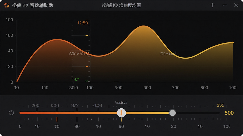 主体:格调KX音效辅助软件的响度均衡界面,显示音量曲线与增益滑条。布局:上方为音量曲线图,下方为增益滑条。排版:曲线平滑,滑条带有刻度。风格:深色背景,橙色与黄色渐变。细节:曲线随音量变化而起伏,增益数值实时显示。画质:高清,干净,无多余元素。