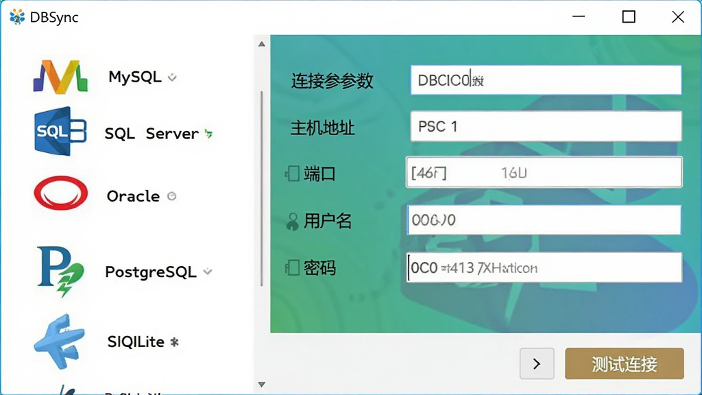 ���ݱȽ���ͬ������DBSync�����ݿ����ӹ������ڣ�����г�MySQL��SQL Server��Oracle��PostgreSQL��SQLite��ͼ�꣬�Ҳ�Ϊ���Ӳ�������������������ַ���˿ڡ��û����������ֶΣ��ײ��С��������ӡ���ť�������ƽ����ƣ�ɫ�����죬���ʸɾ�