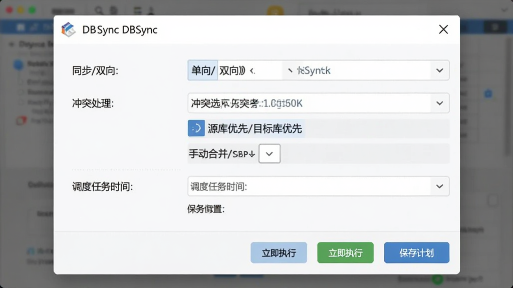���ݱȽ���ͬ������DBSync��ͬ���������ý��棬չʾһ���Ի������ͬ������ѡ�񣨵���/˫�򣩡���ͻ����ѡ�Դ������/Ŀ�������/�ֶ��ϲ����Լ���������ʱ�����ã��ײ��С�����ִ�С��͡�����ƻ�����ť����������������ˬ�����ʸɾ�