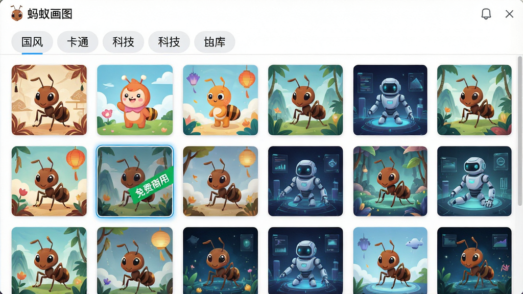主体:“蚂蚁画图”软件的素材库界面,展示网格状排列的各类插画素材缩略图;布局:上方为分类标签栏,下方是瀑布流素材展示区;排版:素材缩略图大小均匀,间距一致,标签栏包含“国风”、“卡通”、“科技”等字样;风格:界面清爽,UI设计现代化;细节:其中一张素材图被高亮选中,显示出“免费商用”的绿色标签;画质:高清,干净,无多余元素