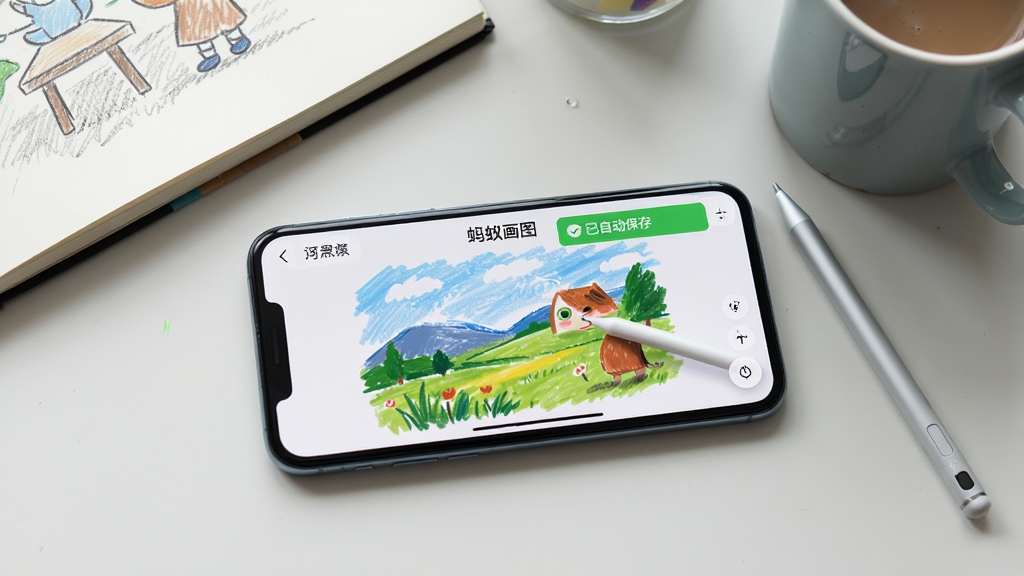 主体:一部智能手机横屏放置在桌面上,屏幕显示“蚂蚁画图”的绘画界面,旁边摆放着一支触控笔;布局:俯拍视角,手机屏幕清晰可见,周围有素描本和马克杯作为点缀;排版:画面构图稳定,主体突出;风格:生活化场景,自然光照明;细节:手机屏幕上正绘制一幅风景画,顶部显示“已自动保存”的绿色提示图标;画质:高清,干净,无多余元素
