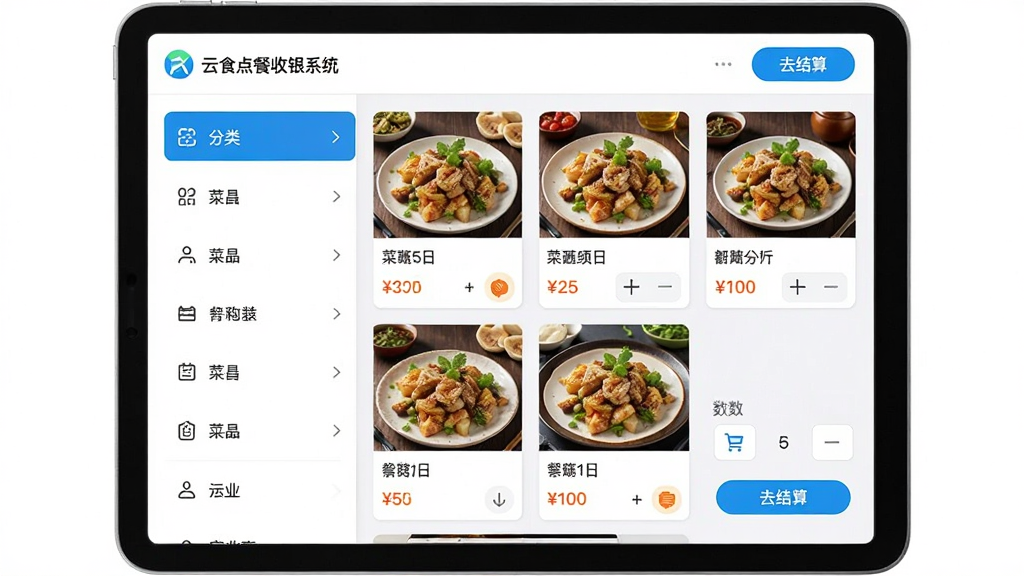 主体:云食点餐收银系统的点餐界面截图模拟,平板上展示菜品分类与购物车。布局:左侧为菜品分类列表,右侧为菜品卡片与数量选择。排版:简洁的网格布局,每个菜品带图片与价格。风格:清新现代,色彩明快。细节:屏幕显示“云食点餐收银系统”Logo,购物车有“去结算”按钮。画质:高清,干净,无多余元素。
