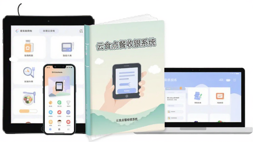 主体:使用指南的插画,一本打开的操作手册与手机、平板、电脑并排。布局:手册居中,设备围绕。排版:简洁图标式。风格:扁平化,柔和配色。细节:手册封面有“云食点餐收银系统”字样。画质:高清,干净,无多余元素。