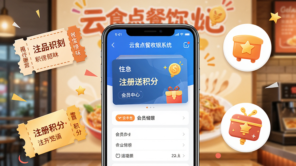 主体:手机展示会员卡界面,背景为餐厅促销海报。布局:手机居中,周围环绕优惠券、积分、储值图标。排版:卡片式设计,信息清晰。风格:活泼,有吸引力。细节:手机屏幕显示“云食点餐收银系统”会员中心,有“注册送积分”字样。画质:高清,干净,无多余元素。
