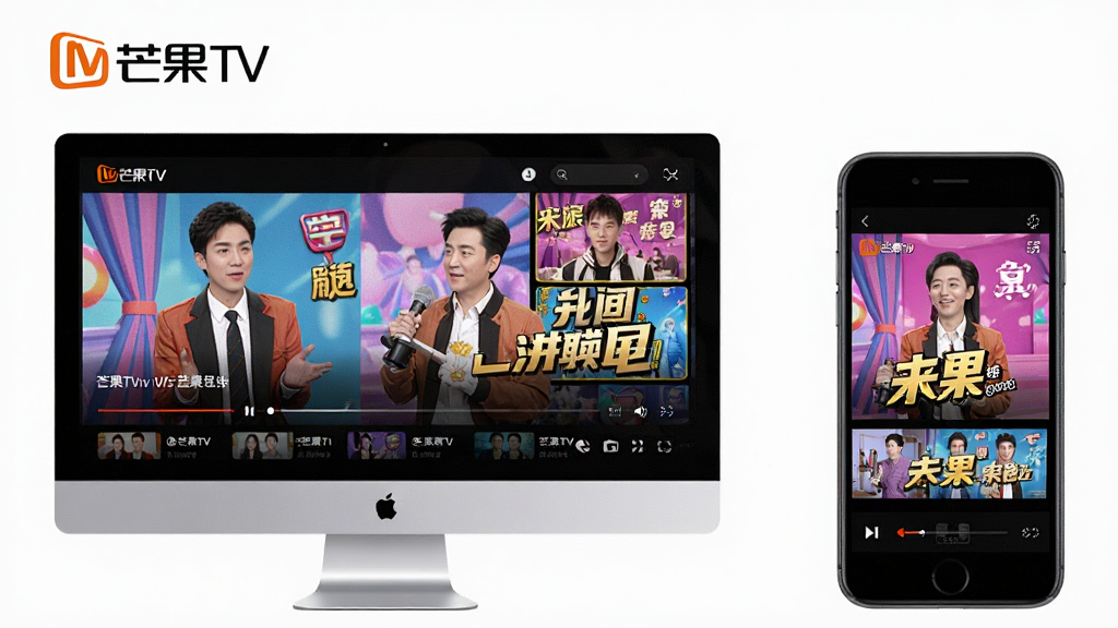 高清视频播放界面展示芒果TV品牌LOGO与热门综艺封面,主体为电脑屏幕和手机屏幕并排显示,屏幕中播放色彩鲜艳的综艺节目画面,布局采用左右对称结构,排版干净整洁,风格现代简约,细节呈现画面细节丰富,画质清晰,干净无多余元素,文字标注“芒果TV”