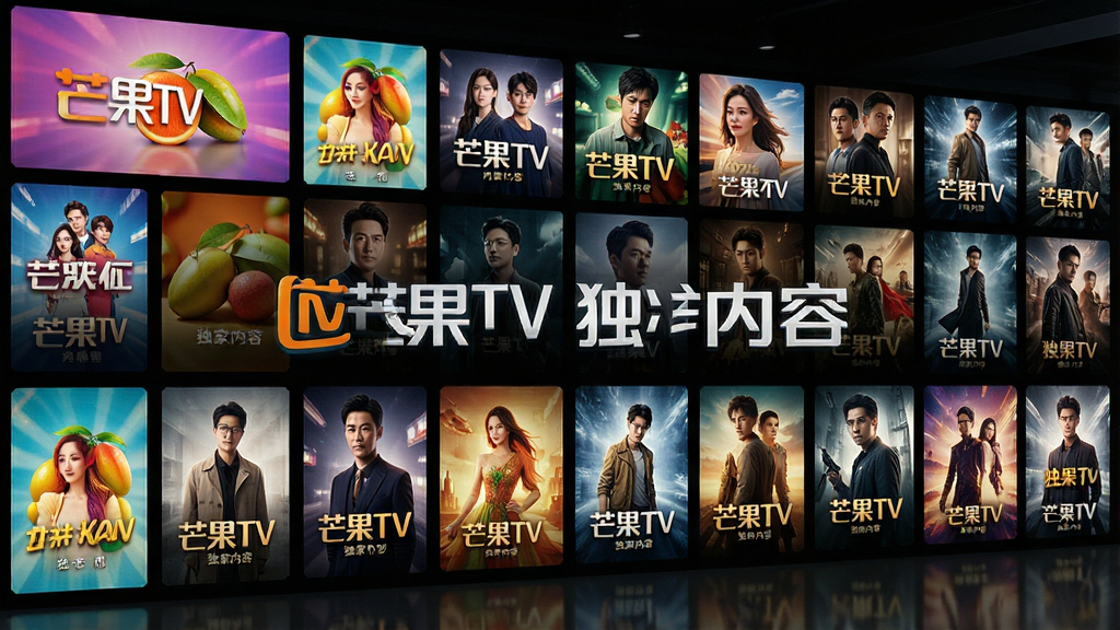 芒果TV内容库展示墙,主体为一面由多个视频海报组成的巨大数字屏幕墙,屏幕中展示各类综艺、电视剧、电影海报,布局为网格状排列,排版整齐,风格科技感,细节呈现海报色彩丰富,画质高清,干净无多余元素,文字标注“芒果TV 独家内容”