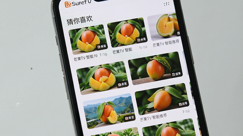 芒果TV智能推荐界面截图,主体为手机屏幕展示推荐列表,屏幕上方显示“猜你喜欢”栏目,下方排列多个视频缩略图,布局为纵向列表,排版简洁,风格清新,细节呈现缩略图清晰,画质干净,无多余元素,文字标注“芒果TV 智能推荐”