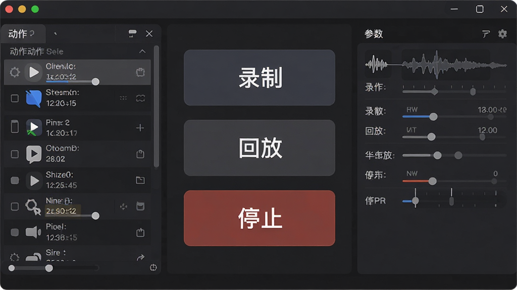 鼠标动作录制工具软件主界面预览,主体为简洁的深色控制面板,中央显示“录制”“回放”“停止”三个大按钮,左侧为动作列表窗口,右侧为参数设置区,布局清晰,排版规整,扁平化设计风格,细节包含波形图标与时间轴,画质高清,干净无多余元素。