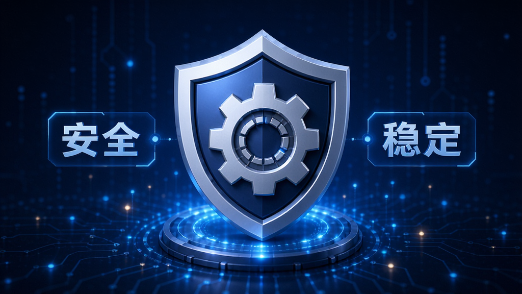鼠标动作录制工具安全稳定运行示意图,主体为电脑盾牌图标与齿轮组合,背景为深蓝色科技光效,布局居中,排版大气,风格为3D渲染,细节包含“安全”“稳定”字样,画质高清,干净无多余元素。