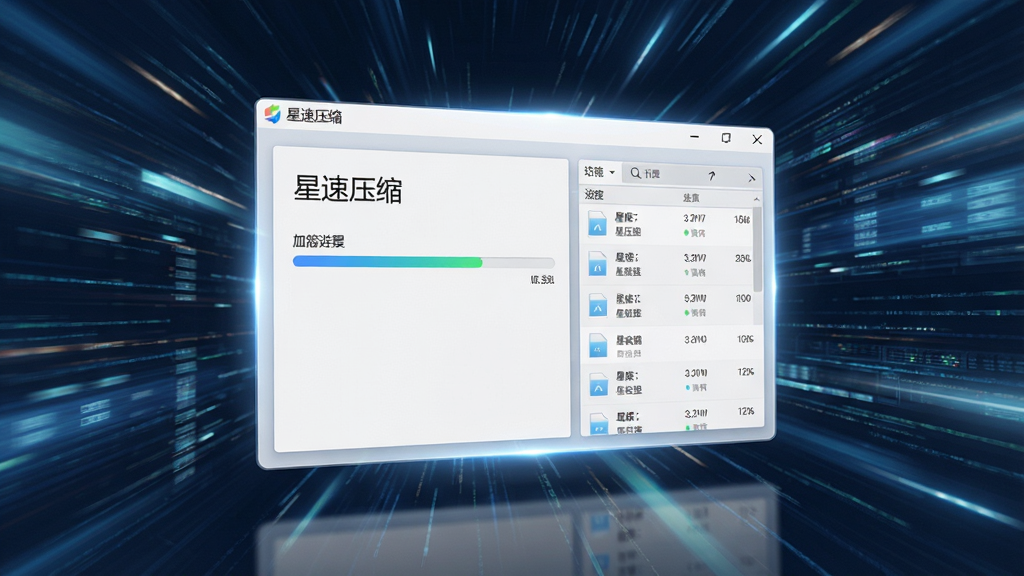一幅现代科技感的产品宣传图,主体为“星速压缩”软件界面悬浮于抽象高速数据流背景之上,界面清晰展示压缩进度条与文件列表,布局居中,风格简洁明亮,细节包含光影反射与动态模糊效果,画质高清,干净无多余元素。