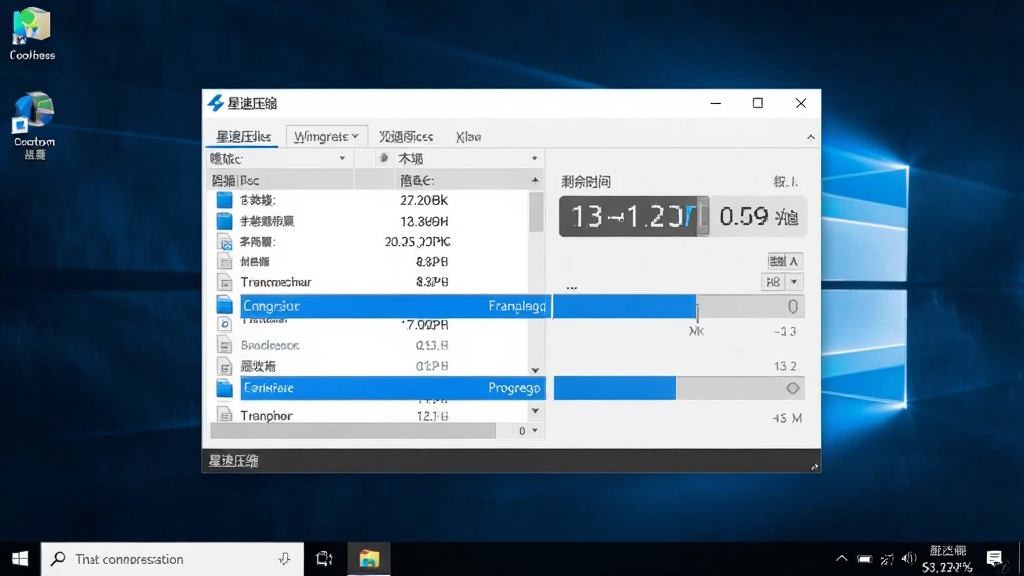 展示“星速压缩”软件在Windows电脑上运行的界面截图,主体为压缩任务进度窗口,显示高速传输速率与剩余时间,布局为桌面窗口居中,风格写实清晰,细节包括文件列表与进度条高亮,画质细腻,干净无多余元素。
