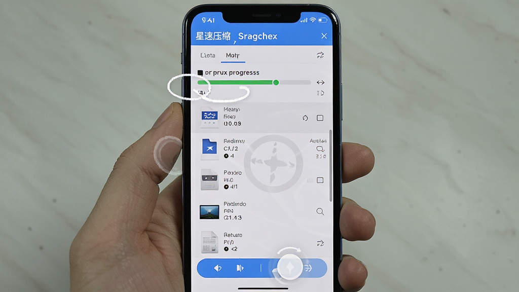 一张“星速压缩”软件在手机上的操作截图,主体为手机屏幕显示解压进度与文件列表,布局为竖屏居中,风格写实,细节包括触摸手势与进度条,画质清晰,干净无多余元素。