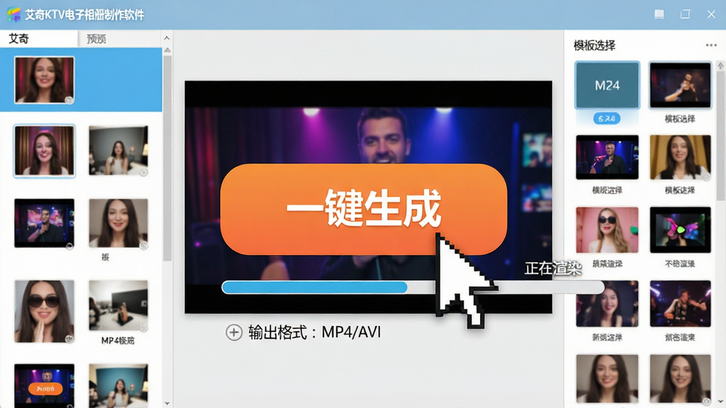 主体:艾奇KTV电子相册制作软件的“一键生成”按钮特写,鼠标光标悬停其上,旁边有进度条显示“正在渲染”;布局:左中右三段式,左侧为照片列表,中间为预览窗口,右侧为模板选择区;排版:按钮醒目,进度条清晰;风格:扁平化UI设计风格,色彩明快;细节:按钮下方有“输出格式:MP4/AVI”选项,预览窗口中有动态画面;画质:高分辨率,干净,无多余元素