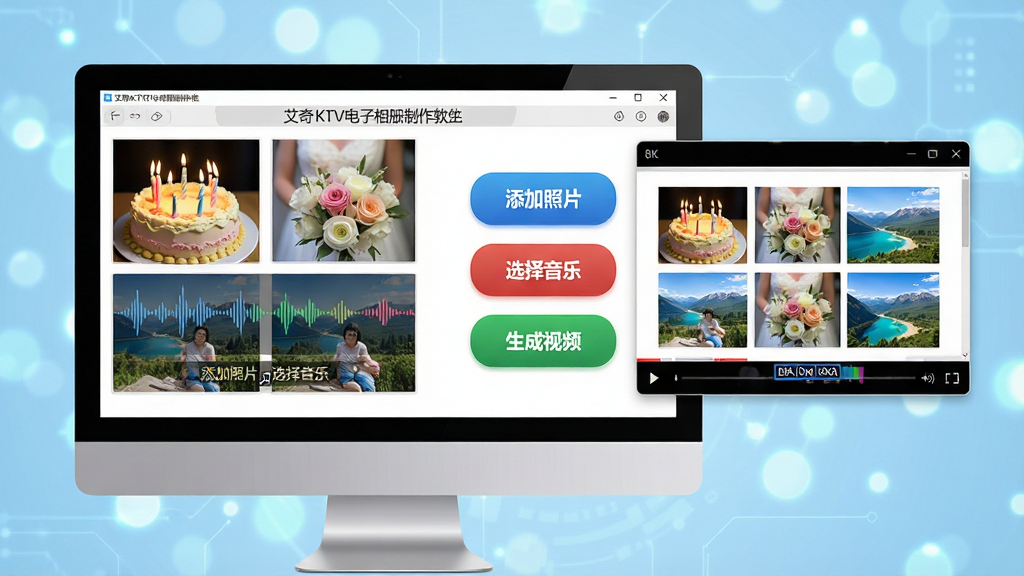 主体:电脑屏幕中展示艾奇KTV电子相册制作软件主界面,界面有“添加照片”、“选择音乐”、“生成视频”按钮,旁边有成品相册播放窗口;布局:居中构图,软件界面占画面主体,背景为淡蓝色科技感光斑;排版:界面元素清晰,按钮文字突出;风格:写实宣传图风格,明亮清晰;细节:照片墙上有生日蛋糕、婚礼鲜花、旅游风景等素材,音乐波形图与字幕条叠加;画质:8K超清,干净,无多余元素