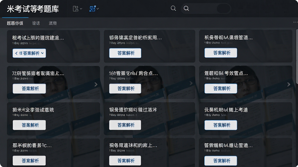 米考试等考题库界面,主体为题目列表展示,布局网格排列,排版简洁,风格清爽,细节显示答案解析按钮,画质清晰,干净无多余元素