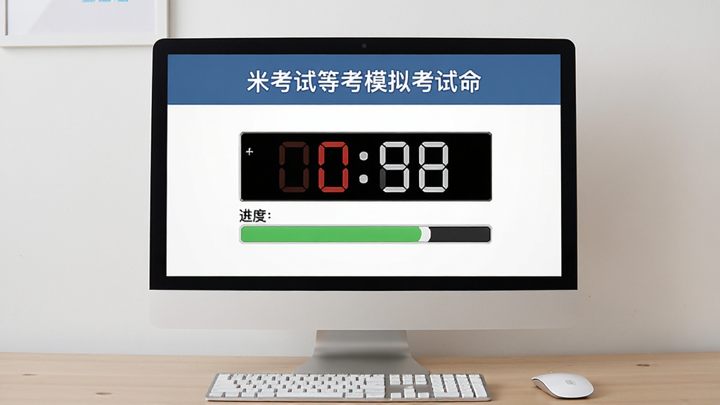 米考试等考模拟考试界面,主体为电脑屏幕模拟答题,布局居中,排版正式,风格仿真,细节显示倒计时与进度条,画质细腻,干净无多余元素
