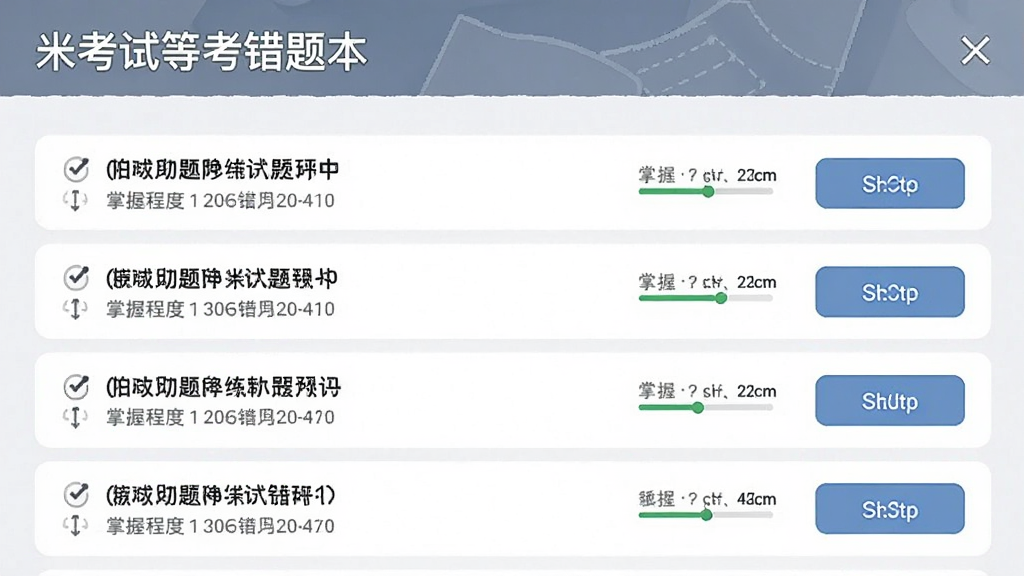 米考试等考错题本界面,主体为错题列表,布局列表式,排版条目清晰,风格简约,细节显示掌握程度与重练按钮,画质干净,无多余元素
